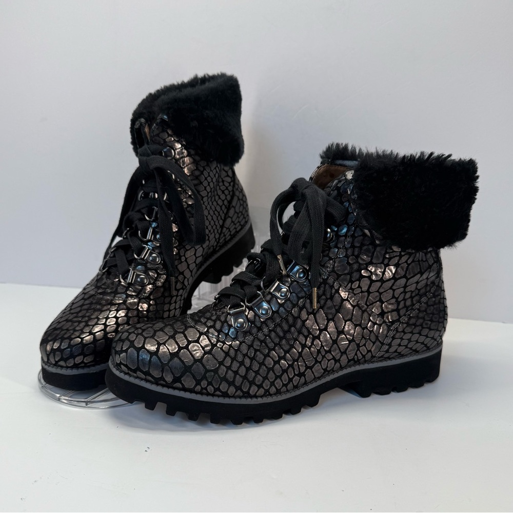 Donald J. Pliner Black Textured snake print leather fur trim Lace Up Boots 7.5